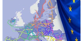 Trans-European Transport Network (TEN-T) på kartan och Europas flagga